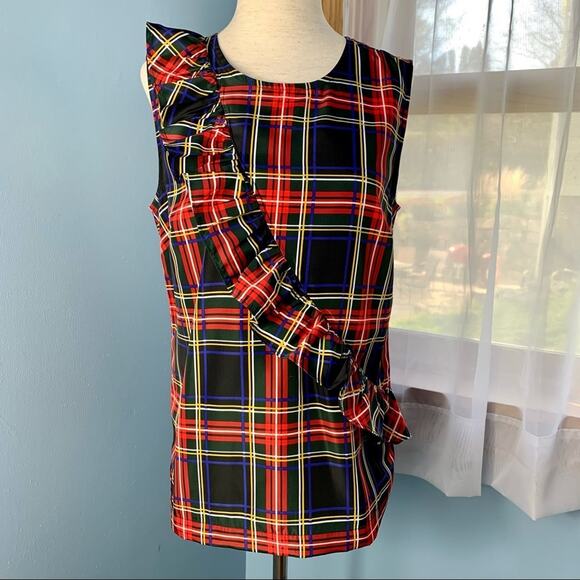 J. Crew Stewart Plaid Ruffle Front Sleeveless Top - Picture 2 of 7